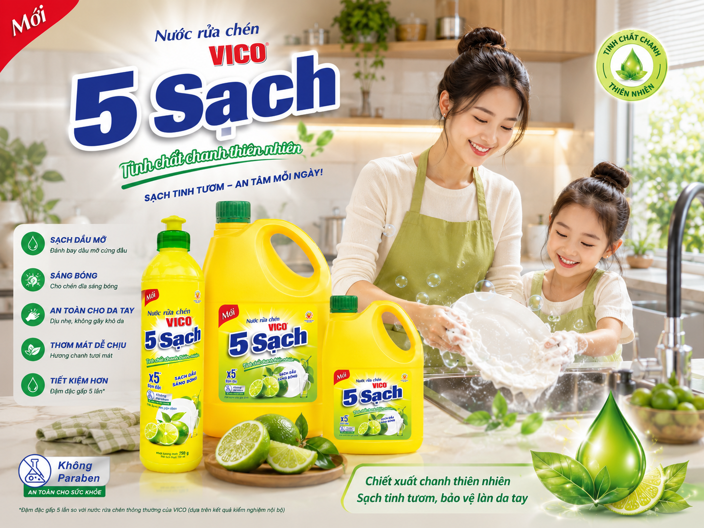 Nước Rửa Chén VICO 5 Sạch – Sạch Bong Sáng Bóng Cho Gian Bếp Hiện Đại